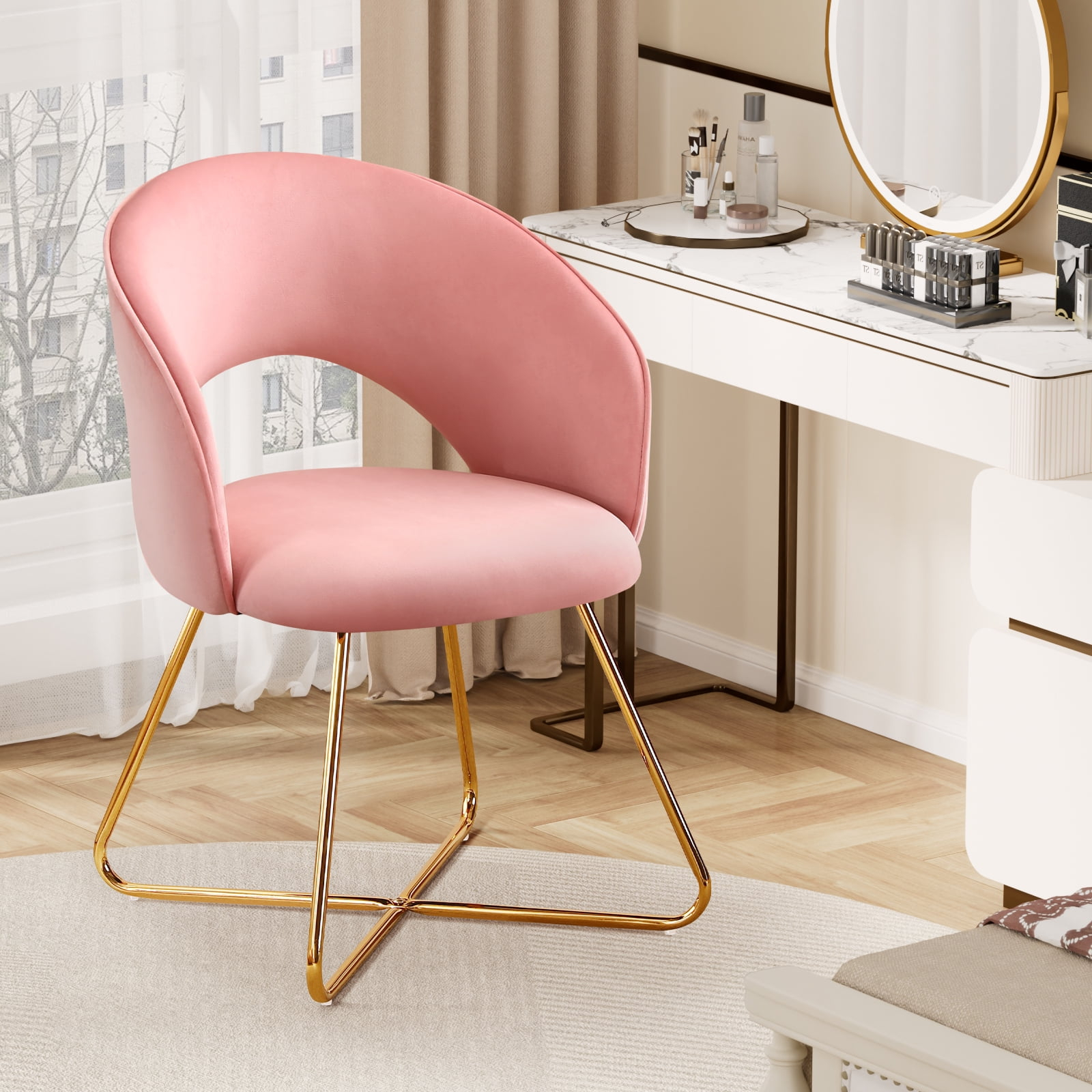 Furniliving  Velvet Upholstered Accent Chair Mid-Back Leisure Chairs Makeup Vanity Stool  , Pink