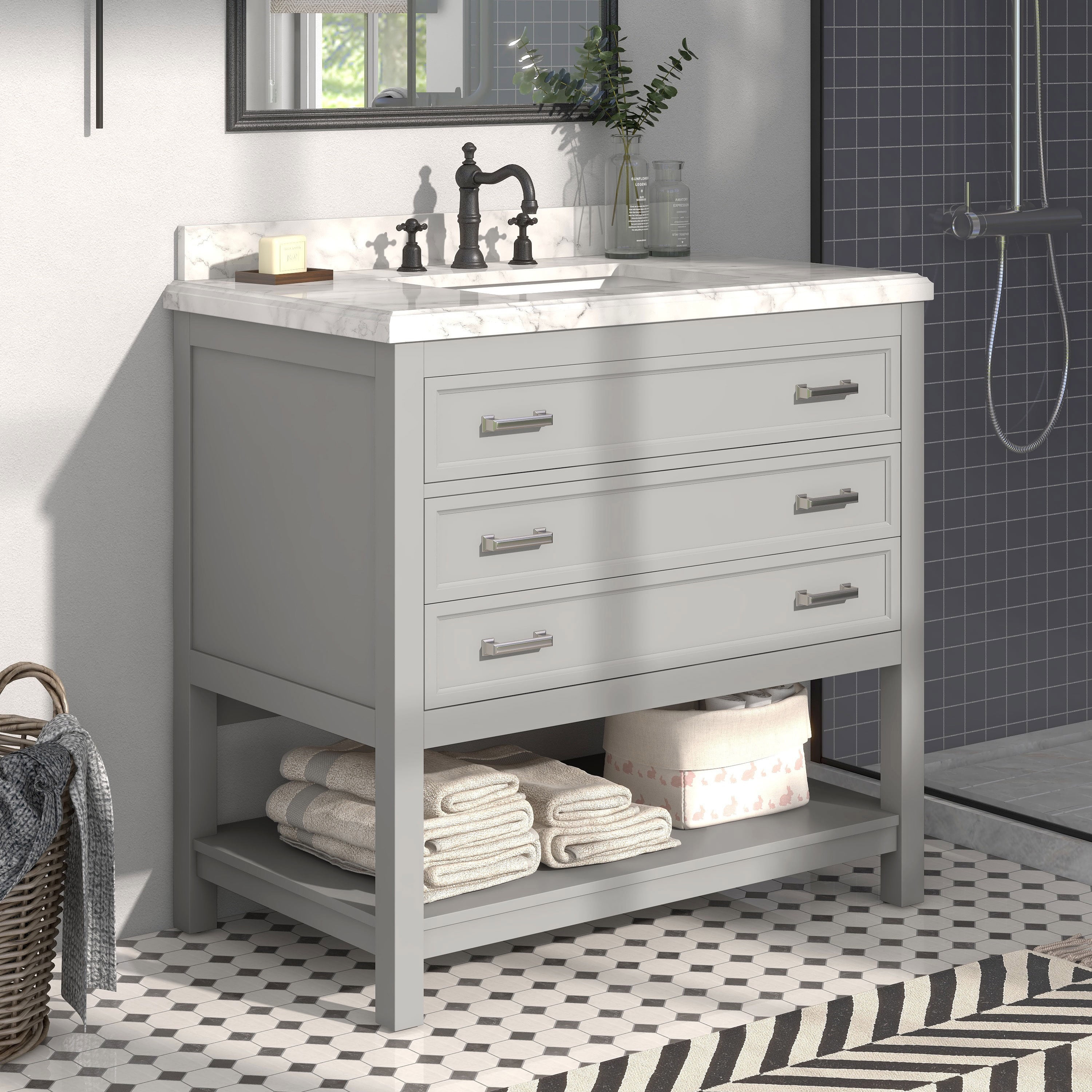 Furniture of America Freya 37" Gray Single Bathroom Vanity with White Carrera Marble Top and Undermount Sink