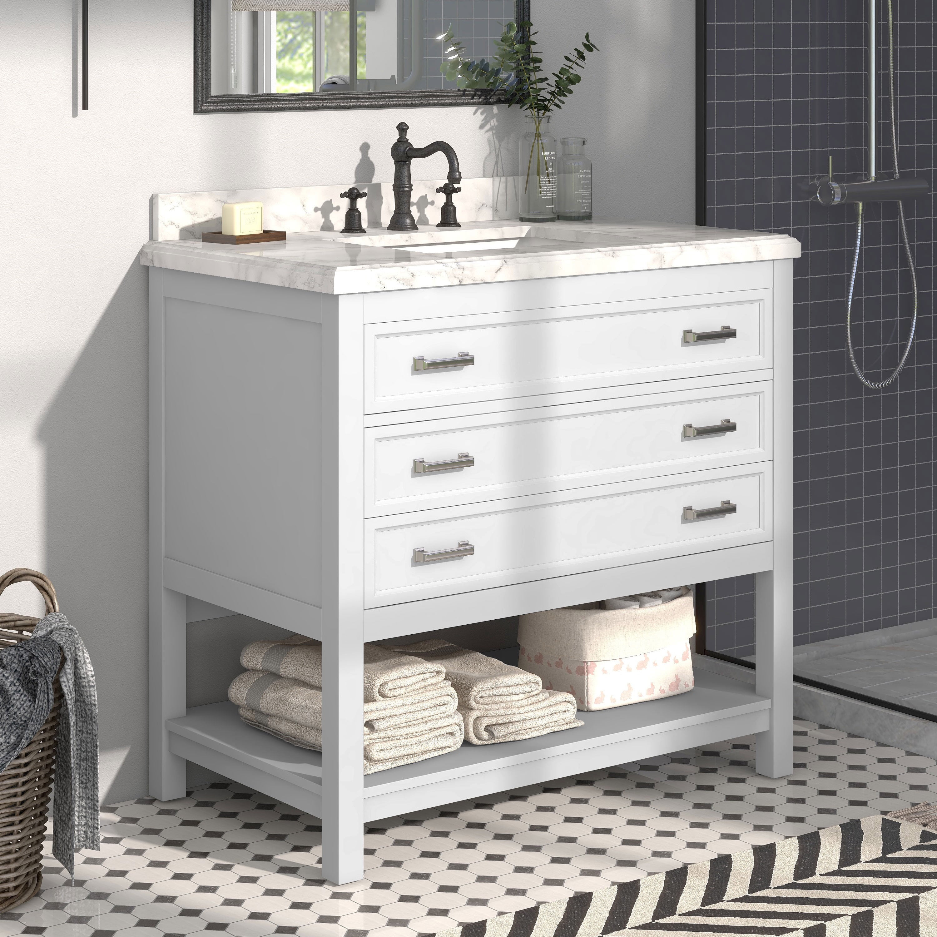 Furniture of America Freya 37" White Single Bathroom Vanity with White Carrera Marble Top and Undermount Sink
