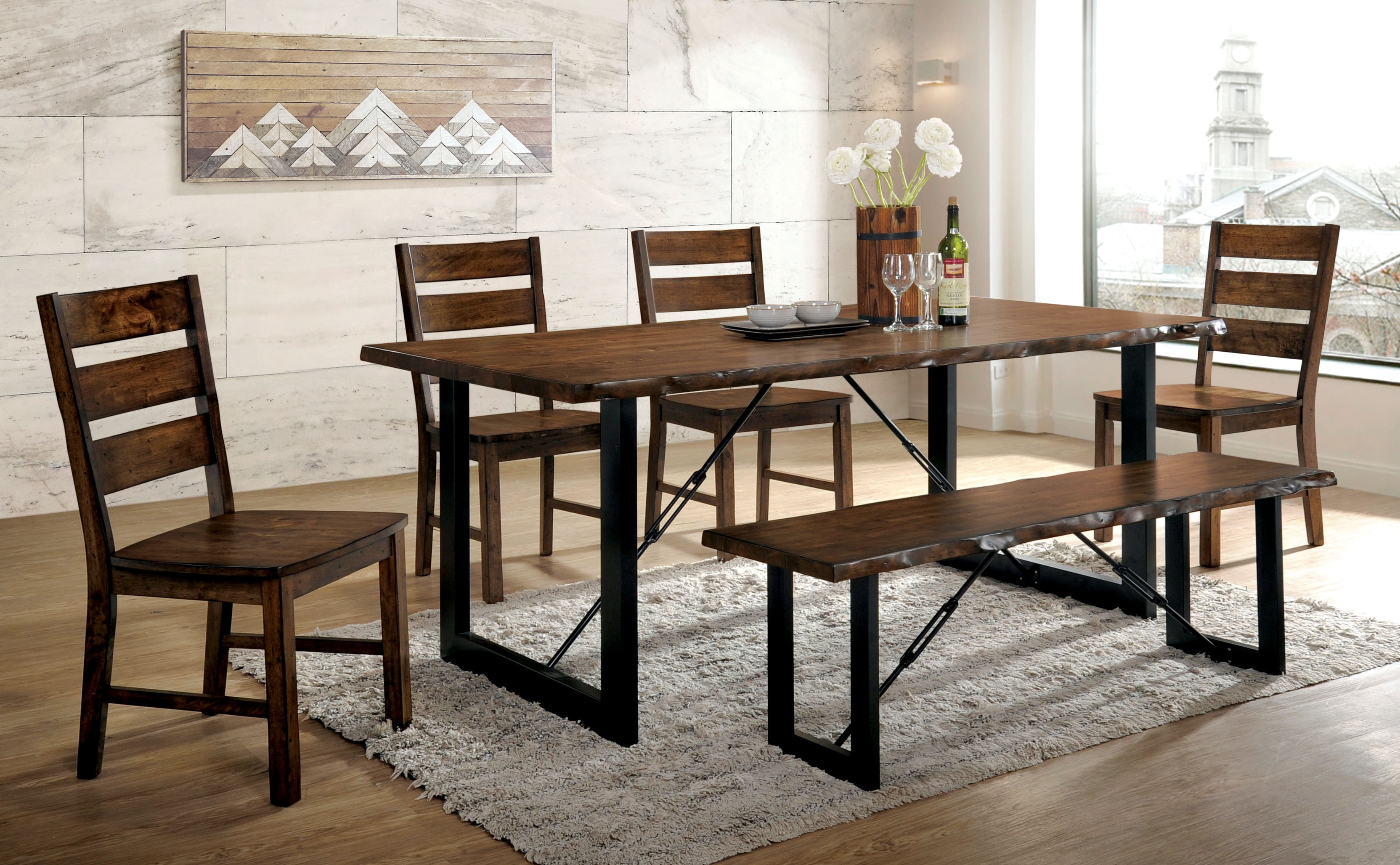 Furniture of America Jared 6 Piece Rustic Dining Table Set, Walnut Finish