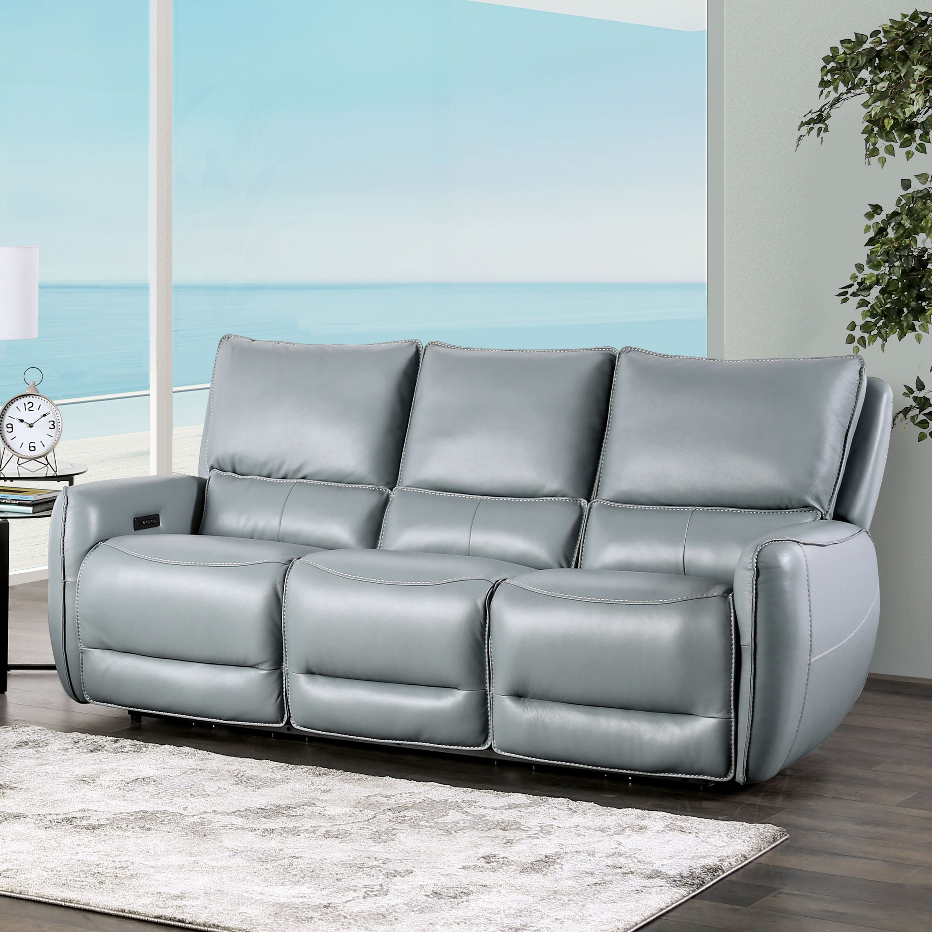 Furniture of America Larchvale Transitional Adult Leather Zero Gravity Power Reclining Sofa with USB Port, Pale Blue