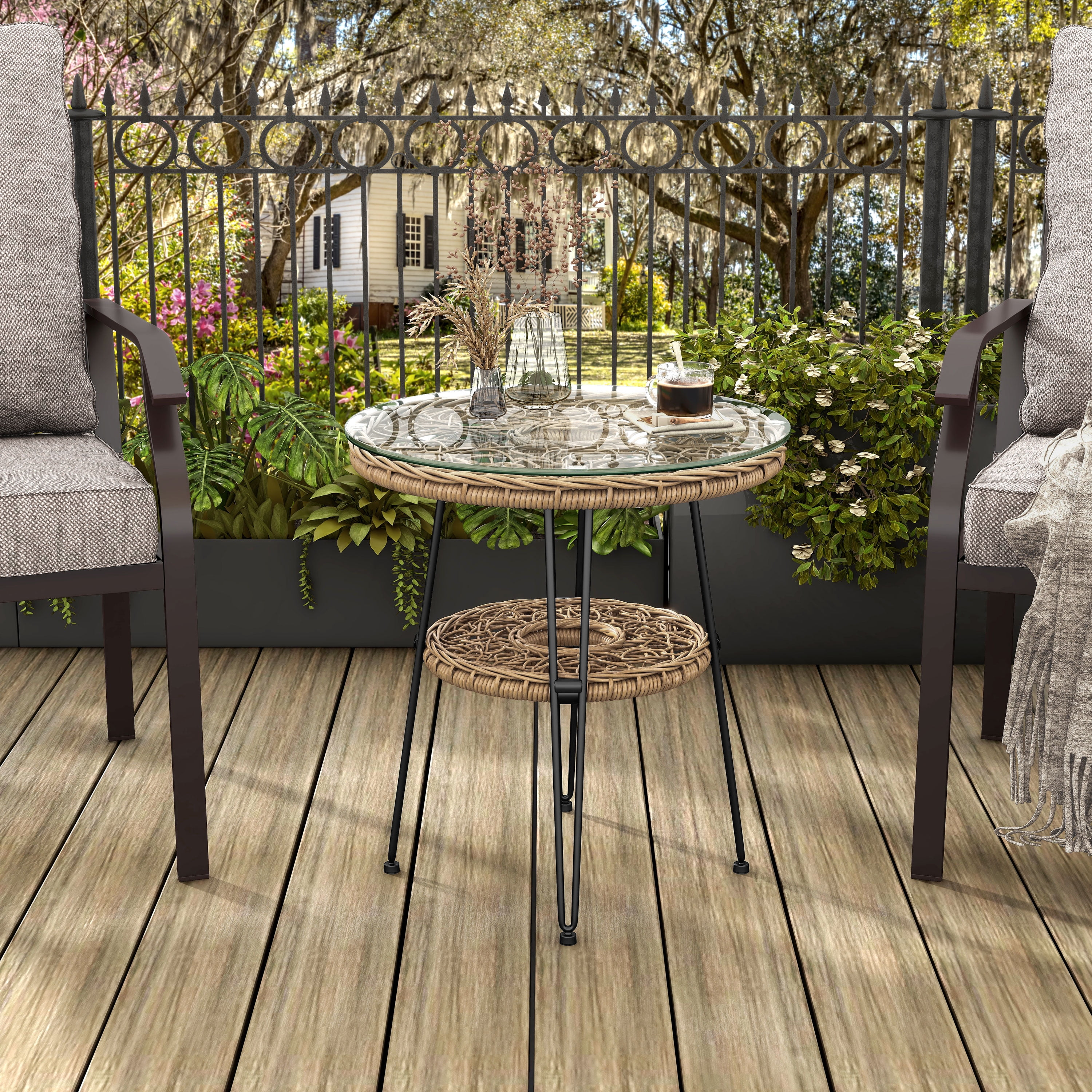Furniture of America Noma Round 1-Shelf Metal and Rattan Natural Coffee Table with Glass Top