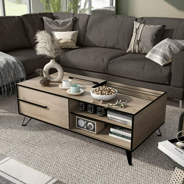 Furniture of America Saran Multi-Storage Coffee Table, Natural Oak