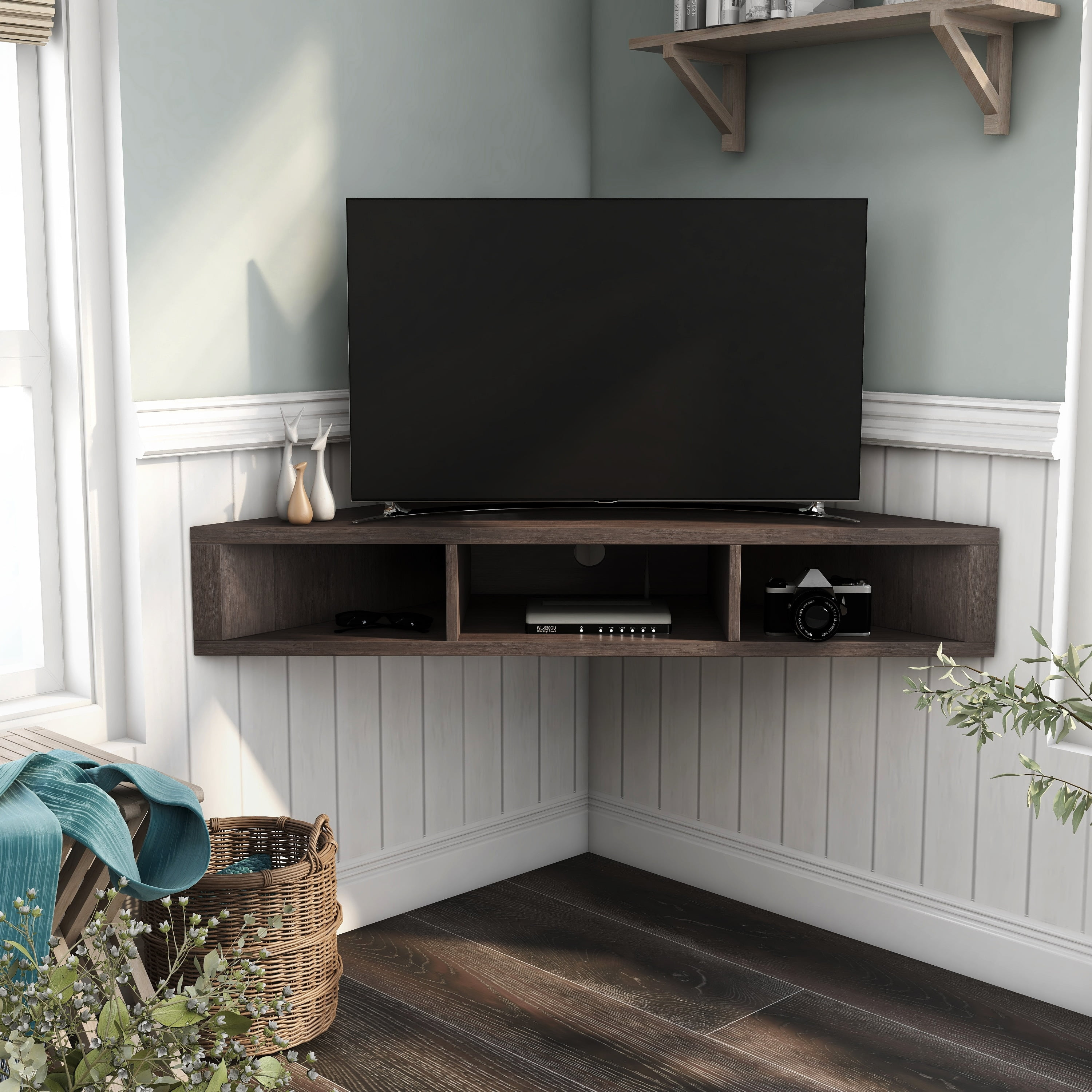 Furniture of America Sukhumi Transitional 47-inch 3-Shelf Wall-mounted Corner TV Console by  Walnut Oak Oak Finish, Walnut Finish