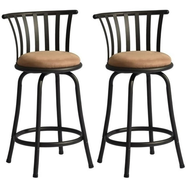 FurnitureR Brown Velvet 24'' Counter Stool Swivel High Back Barstools(Set of 2)