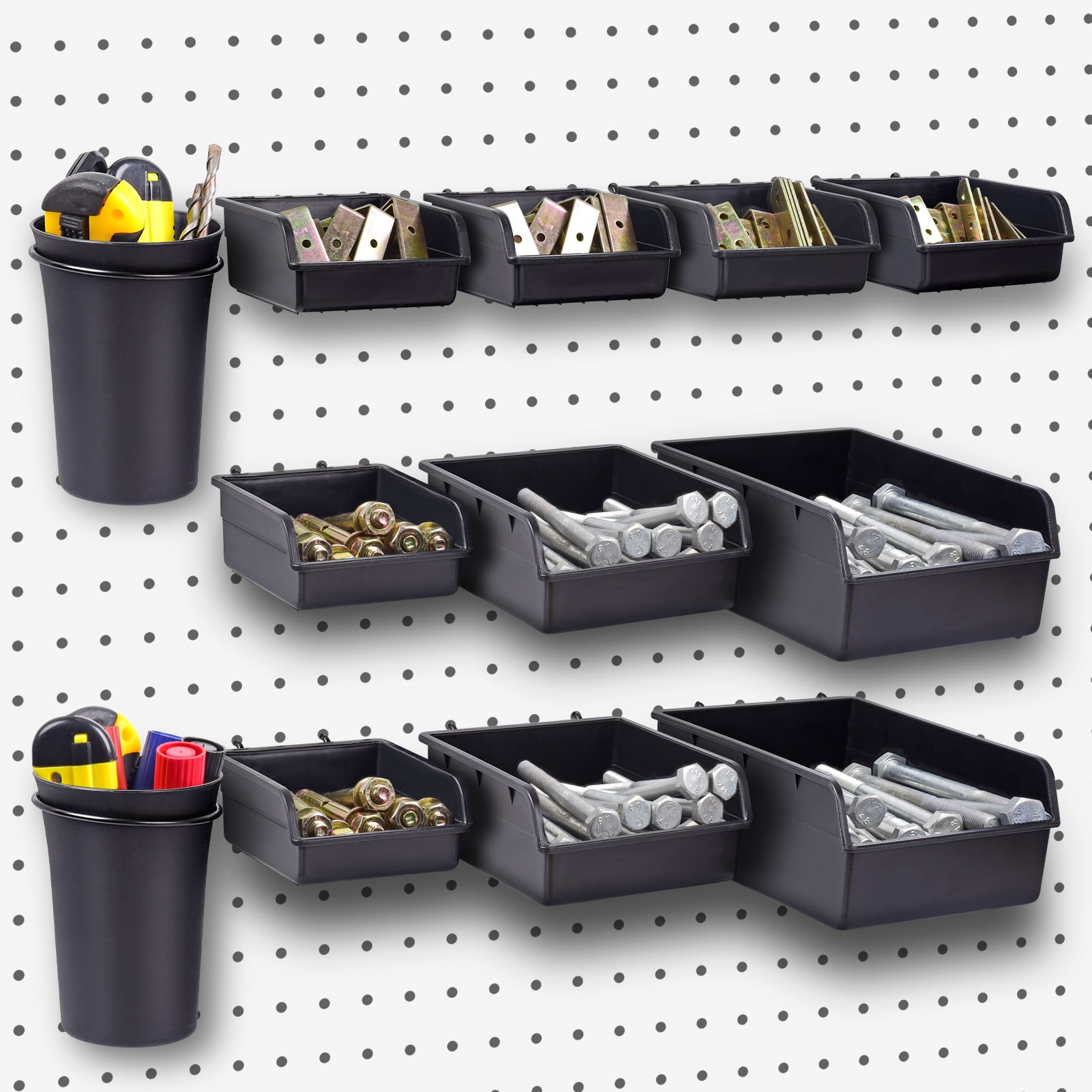 G.Core 12-Pack Pegboard Bins & Cups with Hooks, Plastic Peg Board Accessories for Organizing Tools