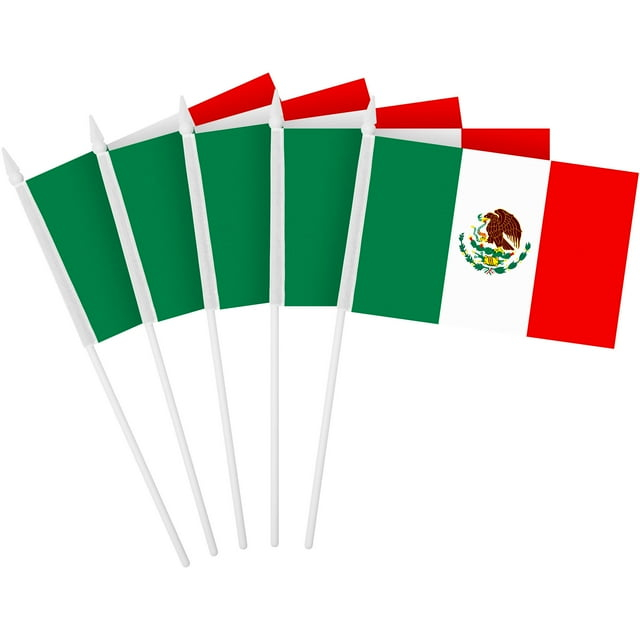 G128 12 Pack Handheld Mexico Mexican Stick Flags | 4x6 In | Printed 150D Polyester, Country Flag, Solid Plastic Stick, Spear White Tip