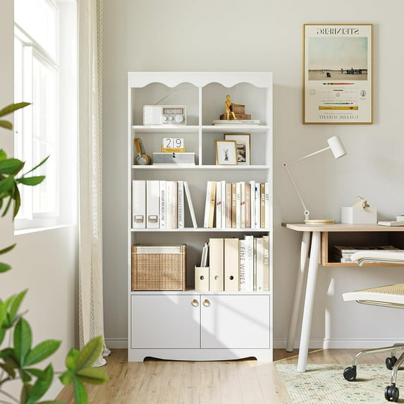 5-Tier White Bookcase, 63 Inch Tall Bookshelf with Open Storage Shelves & Doors, Modern Wooden Floor Standing Display Storage Shelves