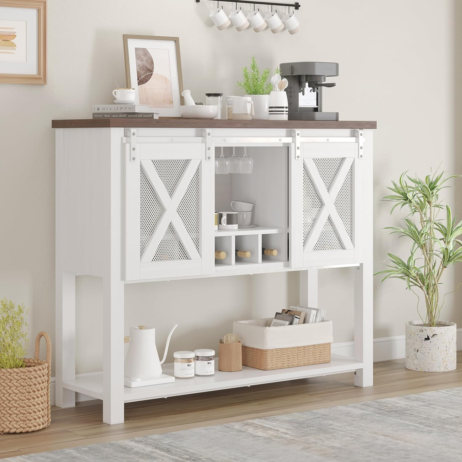 GAOMON Farmhouse Coffee Bar Cabinet with Sliding Barn Doors, Wine Rack, Stemware Holder, and Storage Shelves, Rustic Kitchen Buffet for Living Room or Hallway