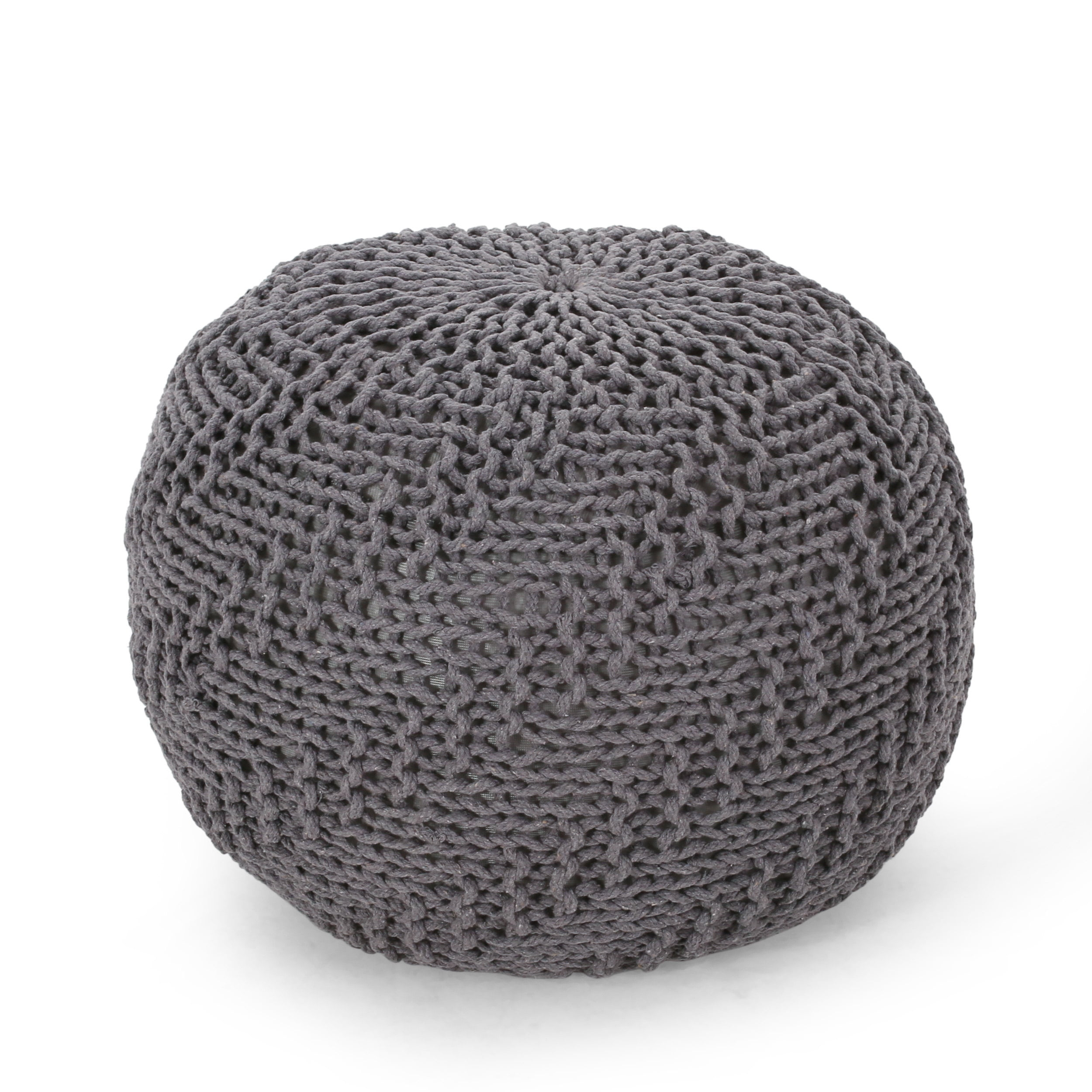 GDF Studio Ashbury Outdoor Modern Handmade Cotton Knit Round Pouf, Dark Gray