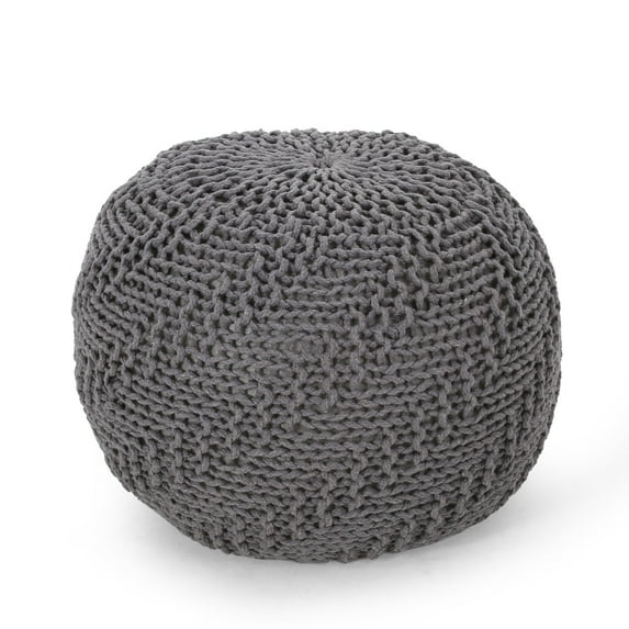 GDF Studio Ashbury Outdoor Modern Handmade Cotton Knit Round Pouf, Dark Gray
