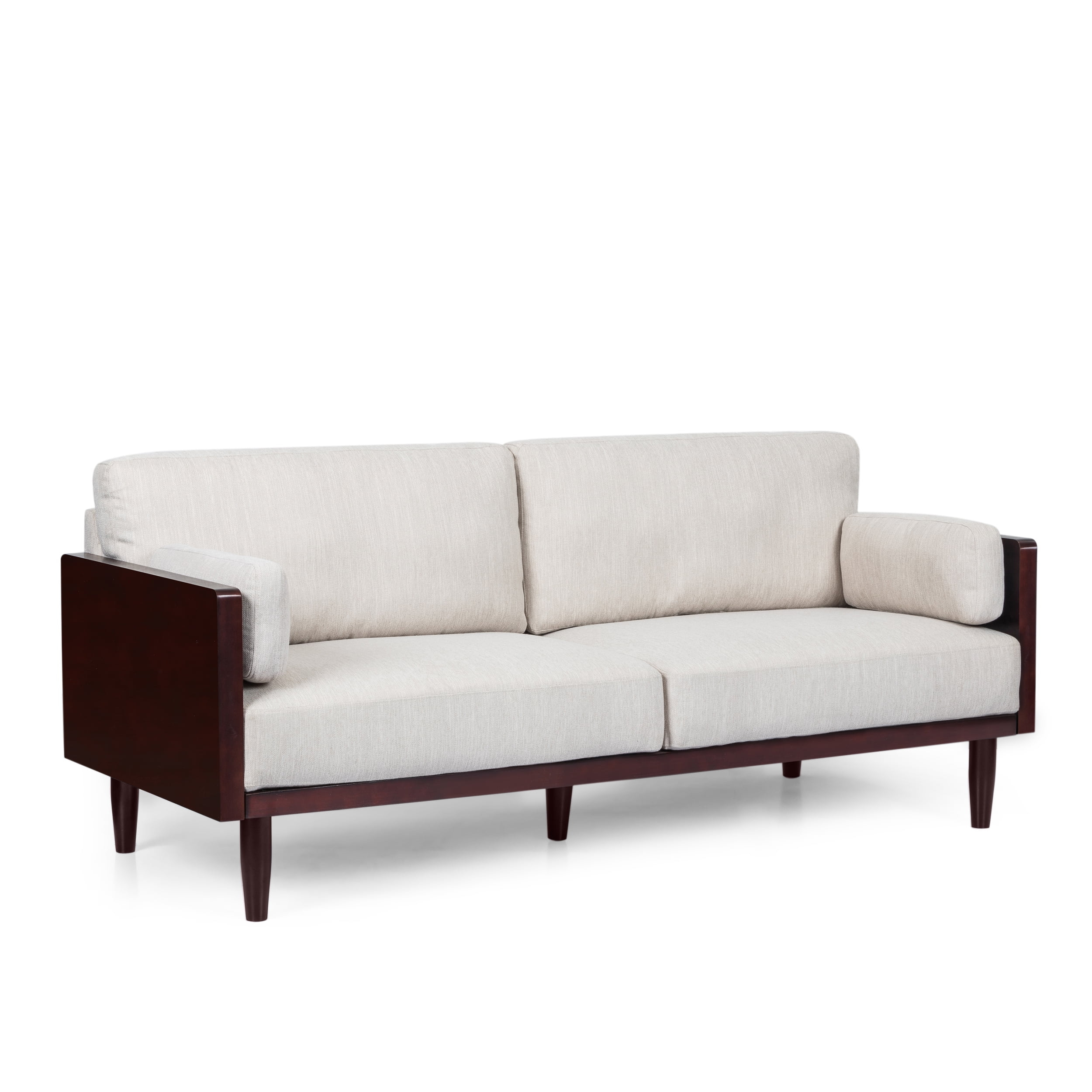 GDF Studio Bagan Mid Century Modern Fabric 3 Seater Sofa, Beige and Dark Walnut
