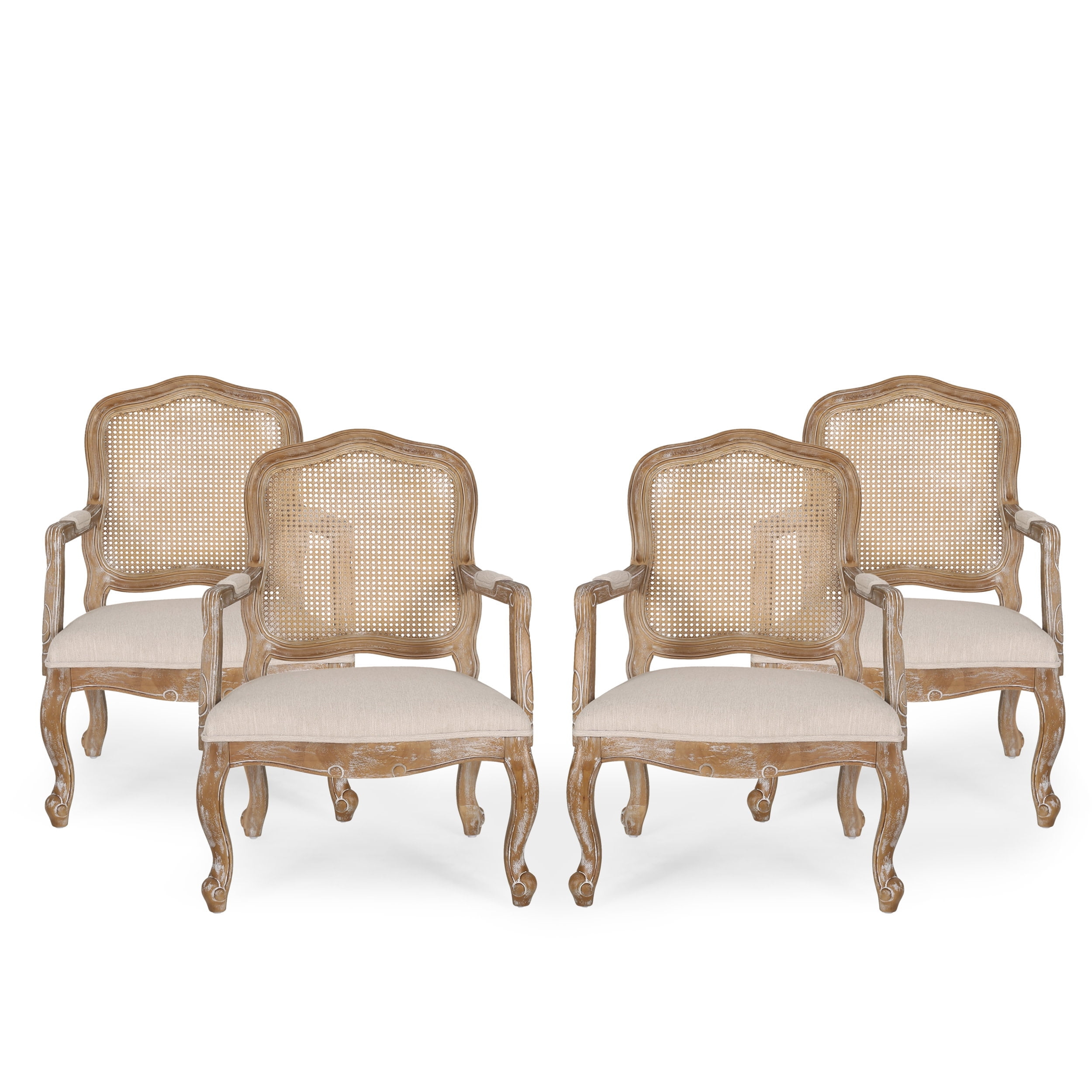 GDF Studio Biorn French Country Fabric Upholstered Wood and Cane Dining Armchairs, Set of 4, Beige and Natural