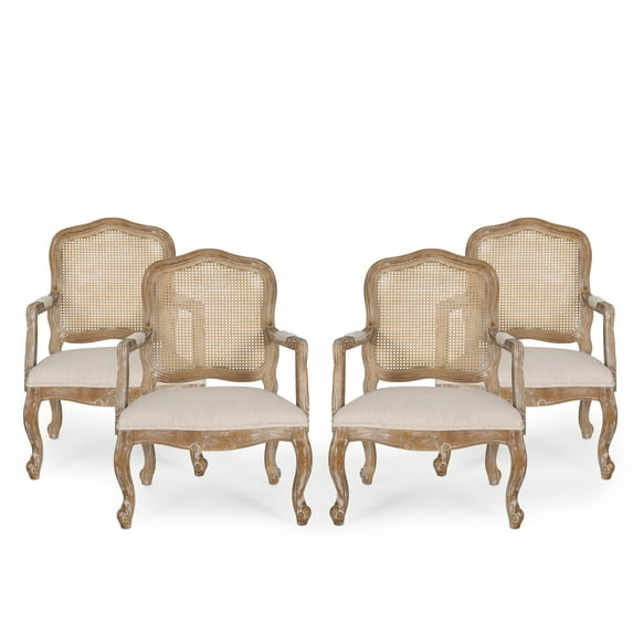 GDF Studio Biorn French Country Fabric Upholstered Wood and Cane Dining Armchairs, Set of 4, Beige and Natural