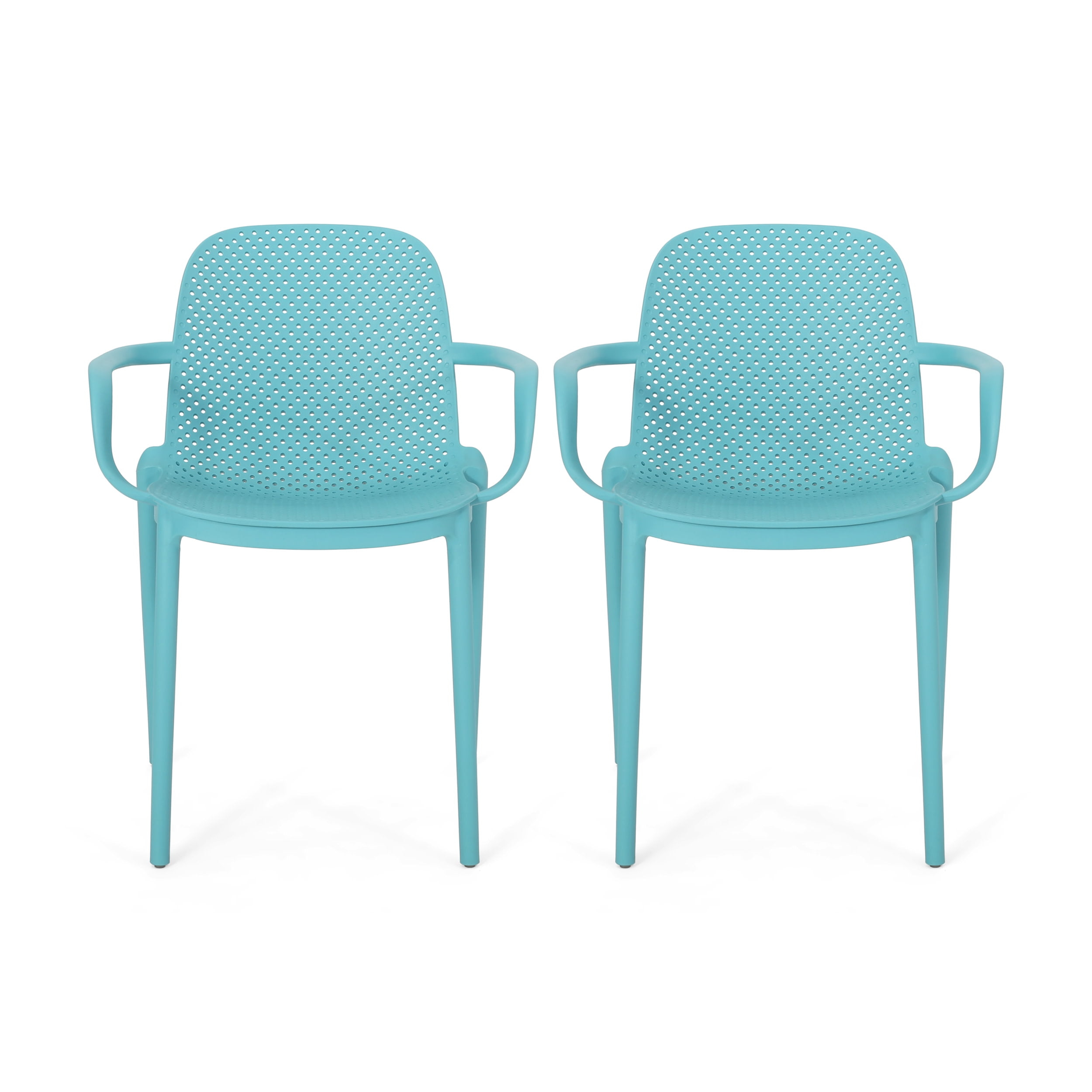 Noble House Gardenia Plastic Stacking Patio Dining Arm Chair in Teal (Set of 2)