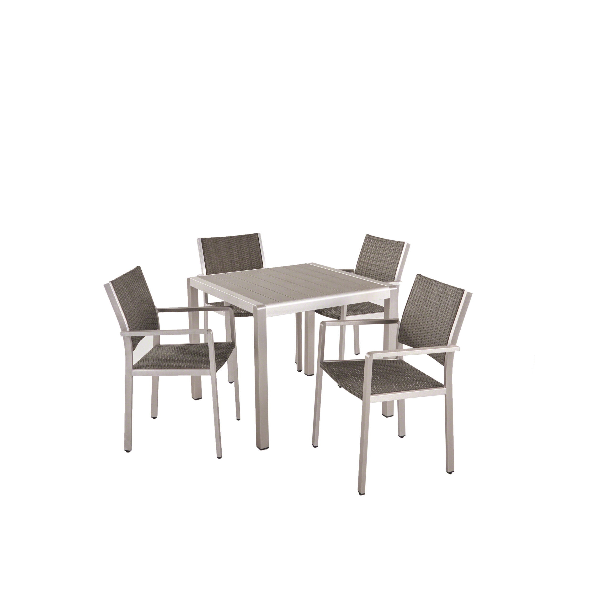 GDF Studio Crested Bay Outdoor Aluminum and Wicker 5 Piece Dining Set, Gray Faux Wood and Silver