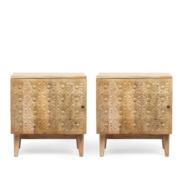 GDF Studio Dahlia Boho Handmade Acacia Wood Nightstand, Set of 2, Natural