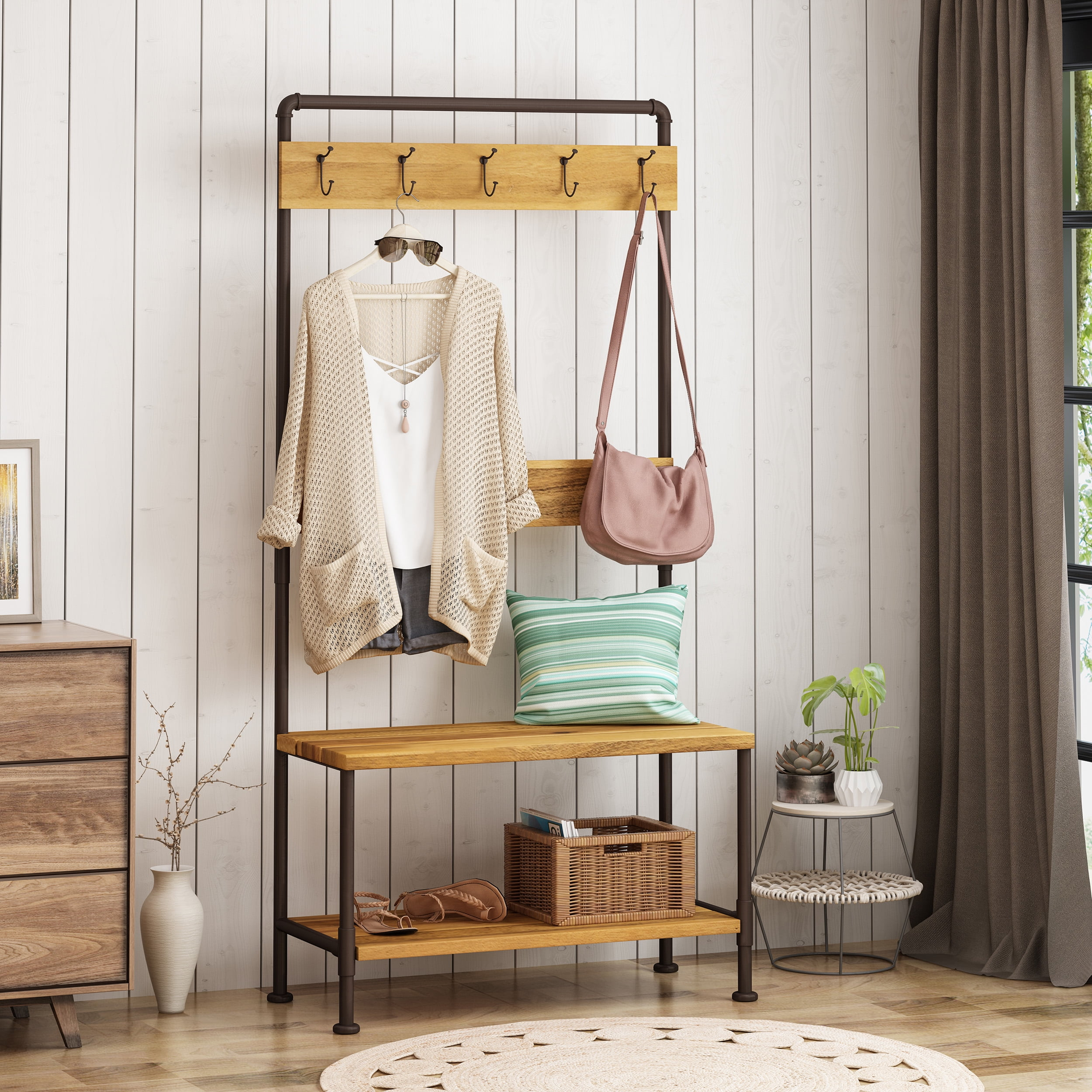 GDF Studio Kay Indoor Industrial Acacia Wood Storage Bench with Shelf and Coat Hooks, Teak Finish