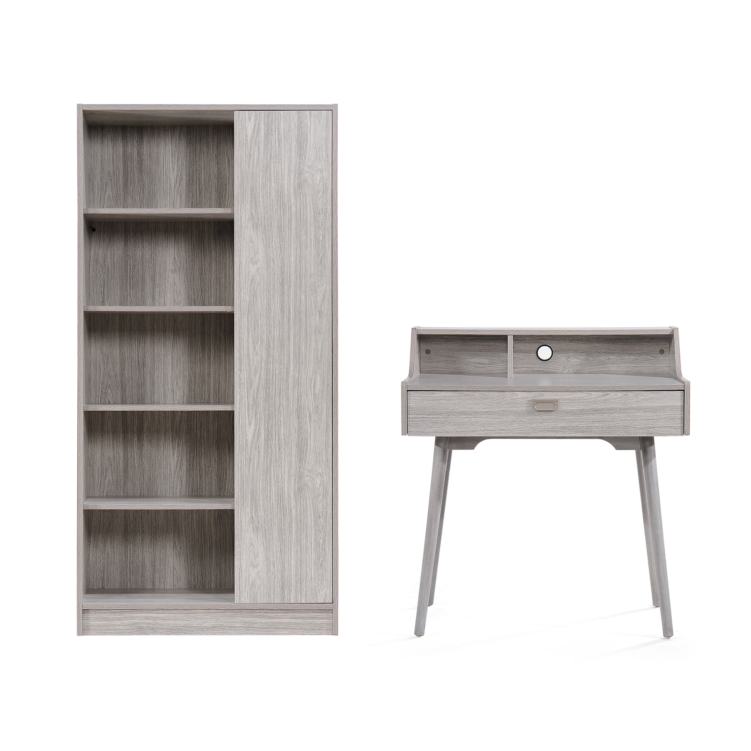 GDF Studio Lomita Mid Century Modern Wood Desk and Bookcase Set, Gray Oak