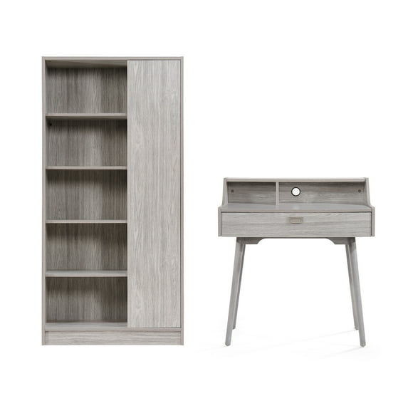 GDF Studio Lomita Mid Century Modern Wood Desk and Bookcase Set, Gray Oak