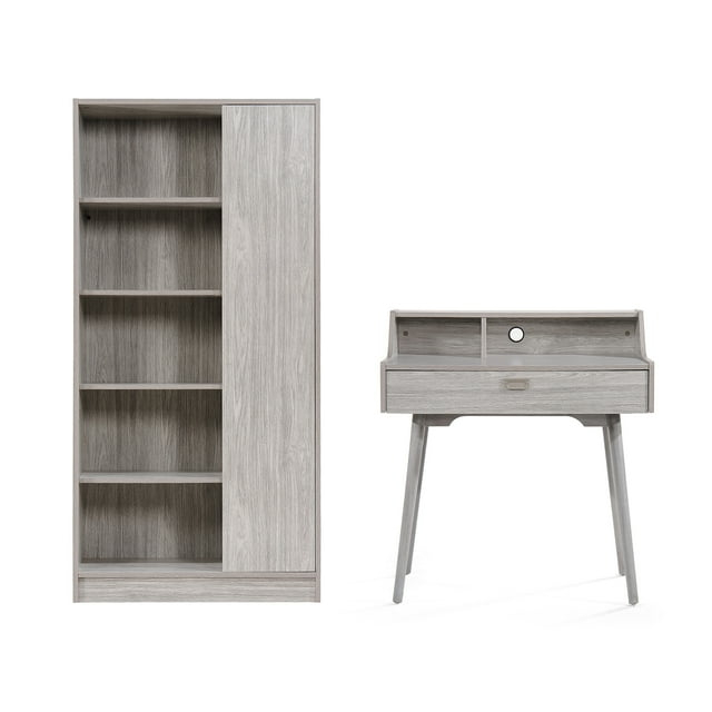 GDF Studio Lomita Mid Century Modern Wood Desk and Bookcase Set, Gray Oak
