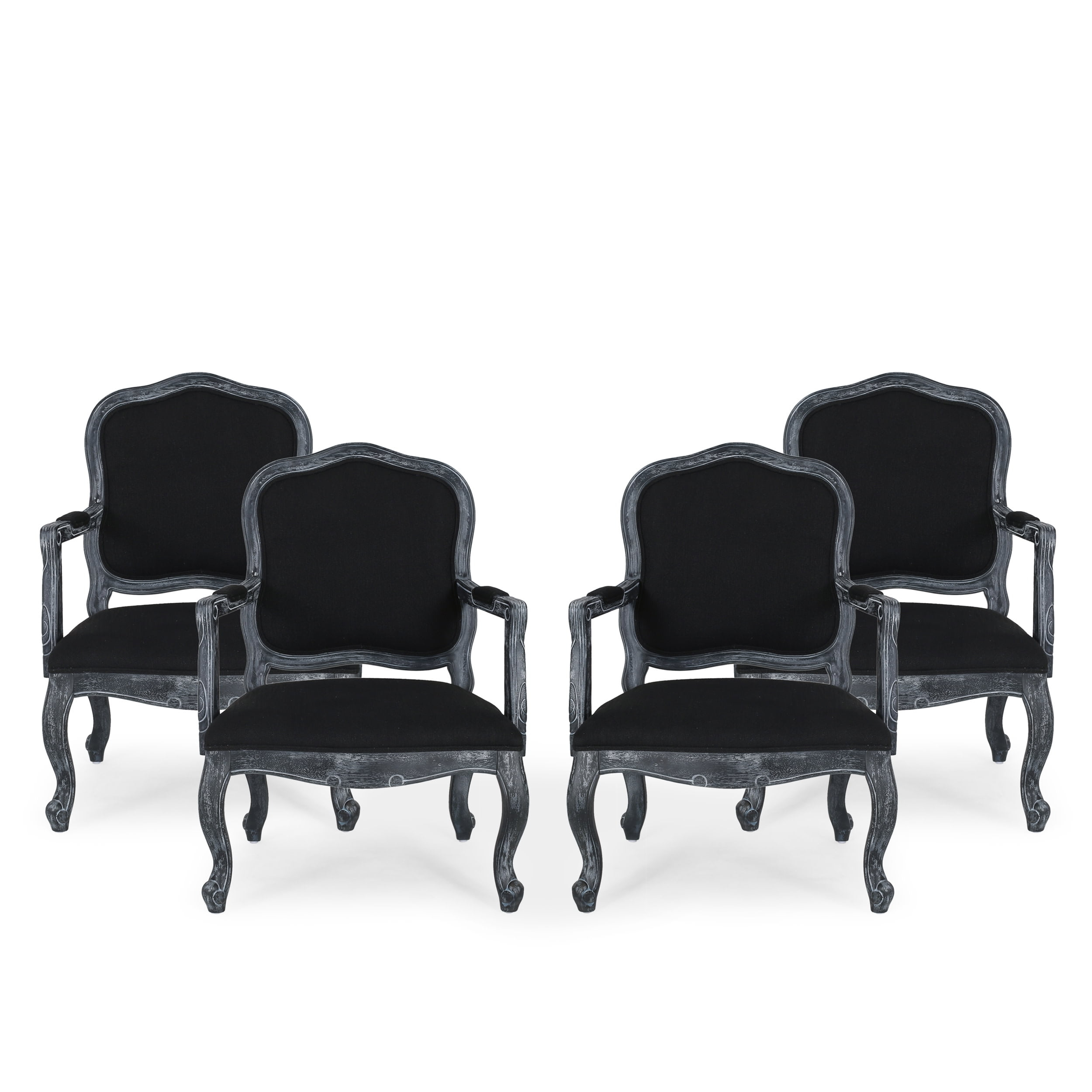 GDF Studio Maria French Country Fabric Wood Upholstered Dining Armchairs, Set of 4, Black and Gray
