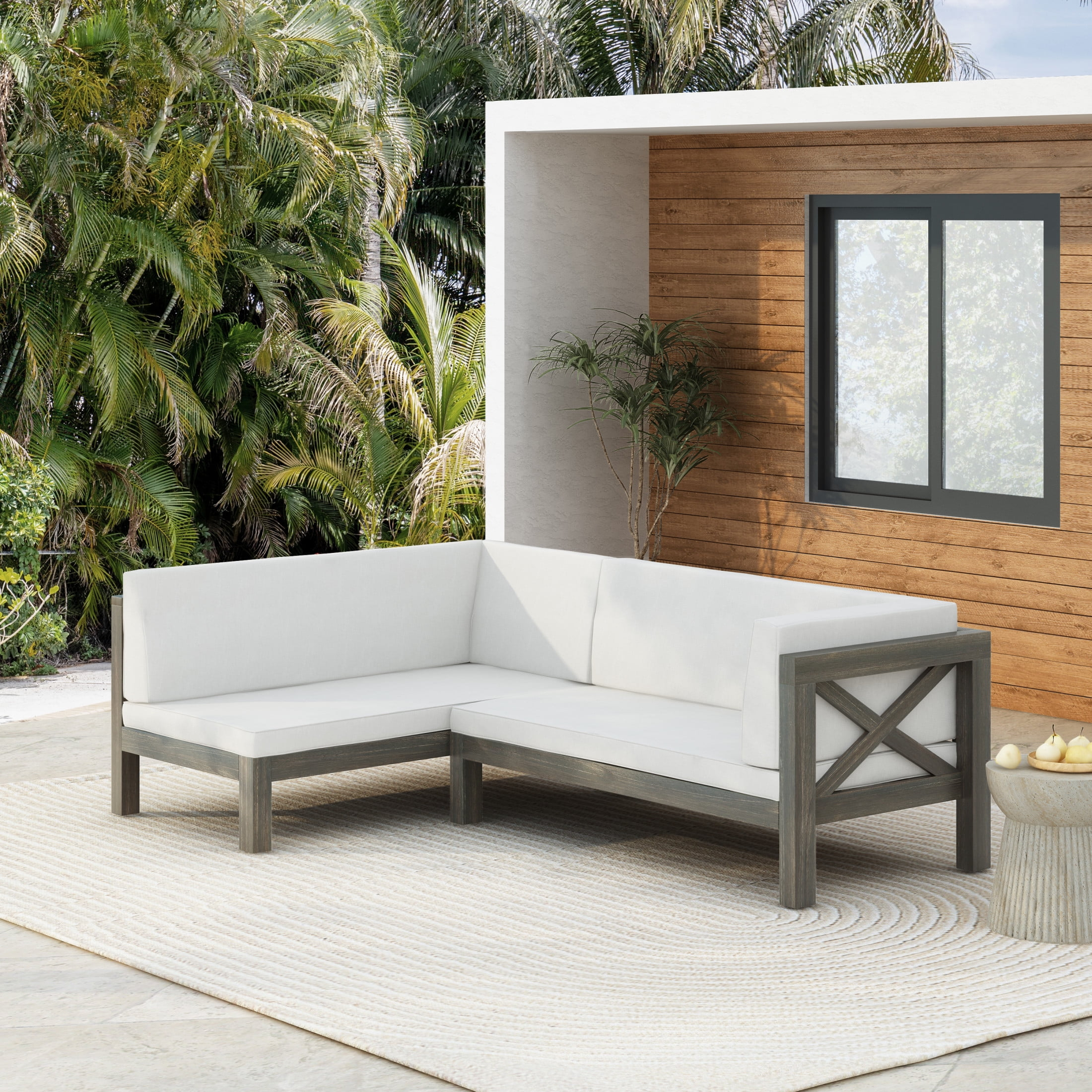 GDF Studio Mid-Century Modern 2 Piece Outdoor Patio Sofa Set, Right Corner Couch with Solid Wood Frame, Removable Cushions, Slat Design, Beige