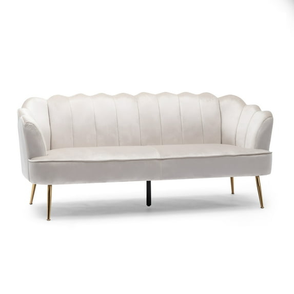 GDF Studio Ohnstad Modern Glam Velvet Channel Stitch 3 Seater Shell Sofa, Beige and Gold