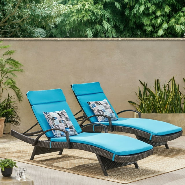 GDF Studio Olivia Outdoor Wicker Adjustable Chaise Lounges with Cushion, Set of 2, Multibrown and Blue