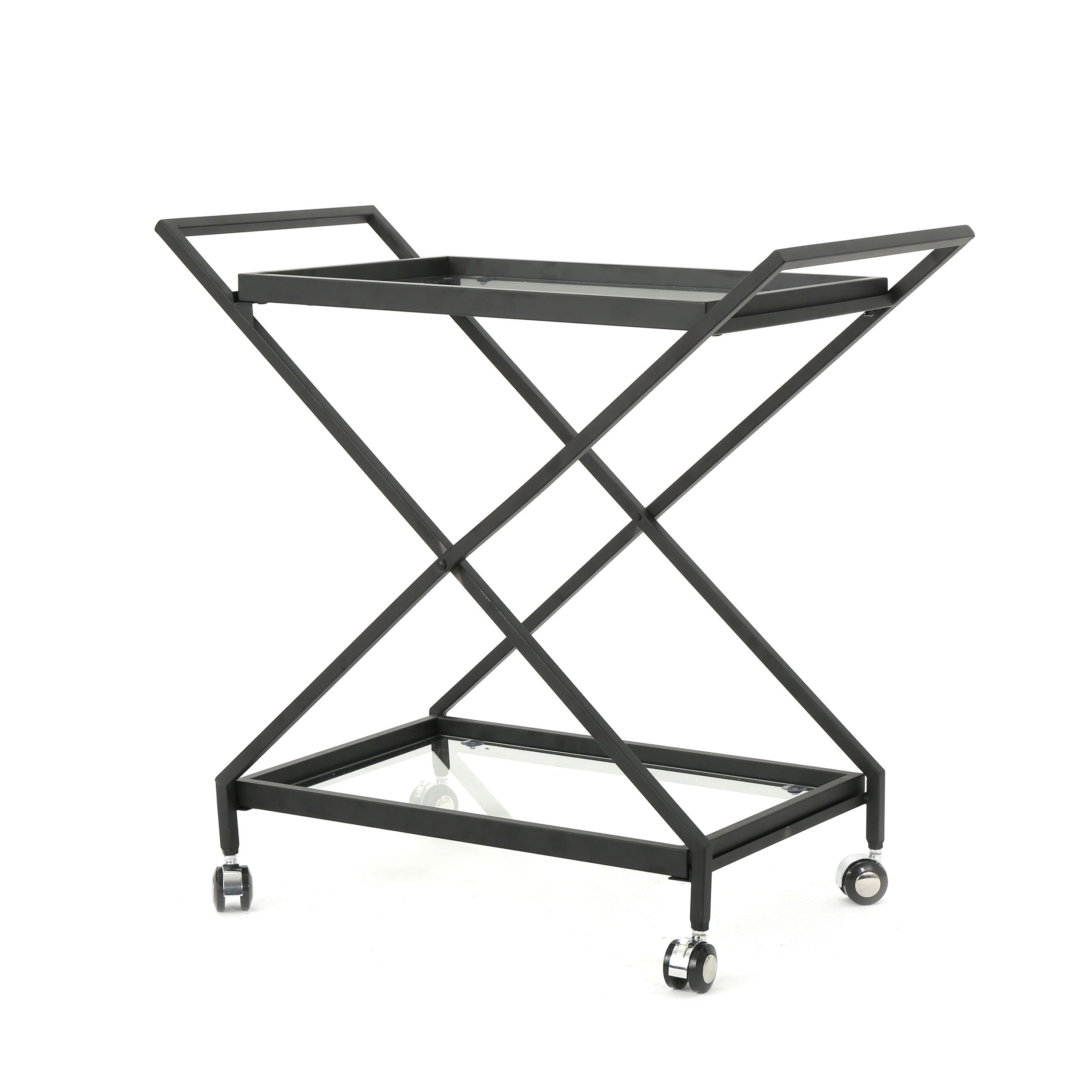 GDF Studio Sheri Indoor/Outdoor Industrial Iron Bar Cart with Tempered Glass Shelves, Black