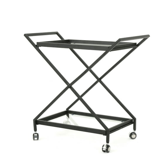 GDF Studio Sheri Indoor/Outdoor Industrial Iron Bar Cart with Tempered Glass Shelves, Black