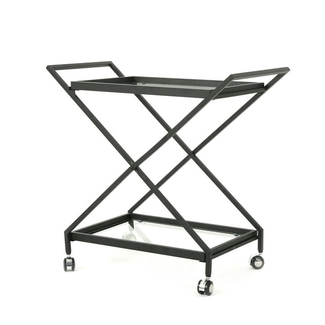 GDF Studio Sheri Indoor/Outdoor Industrial Iron Bar Cart with Tempered Glass Shelves, Black