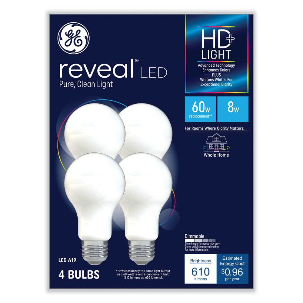 GE Reveal Hd+ Led A19 Light Bulb, 8 W, 4/pack 93129439
