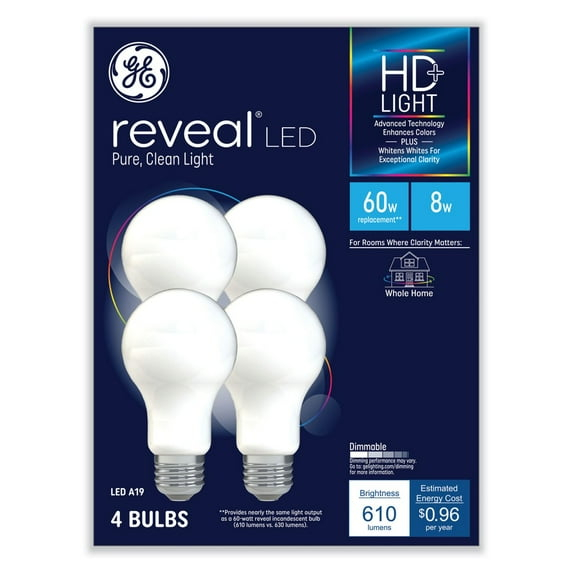 GE Reveal Hd+ Led A19 Light Bulb, 8 W, 4/pack 93129439