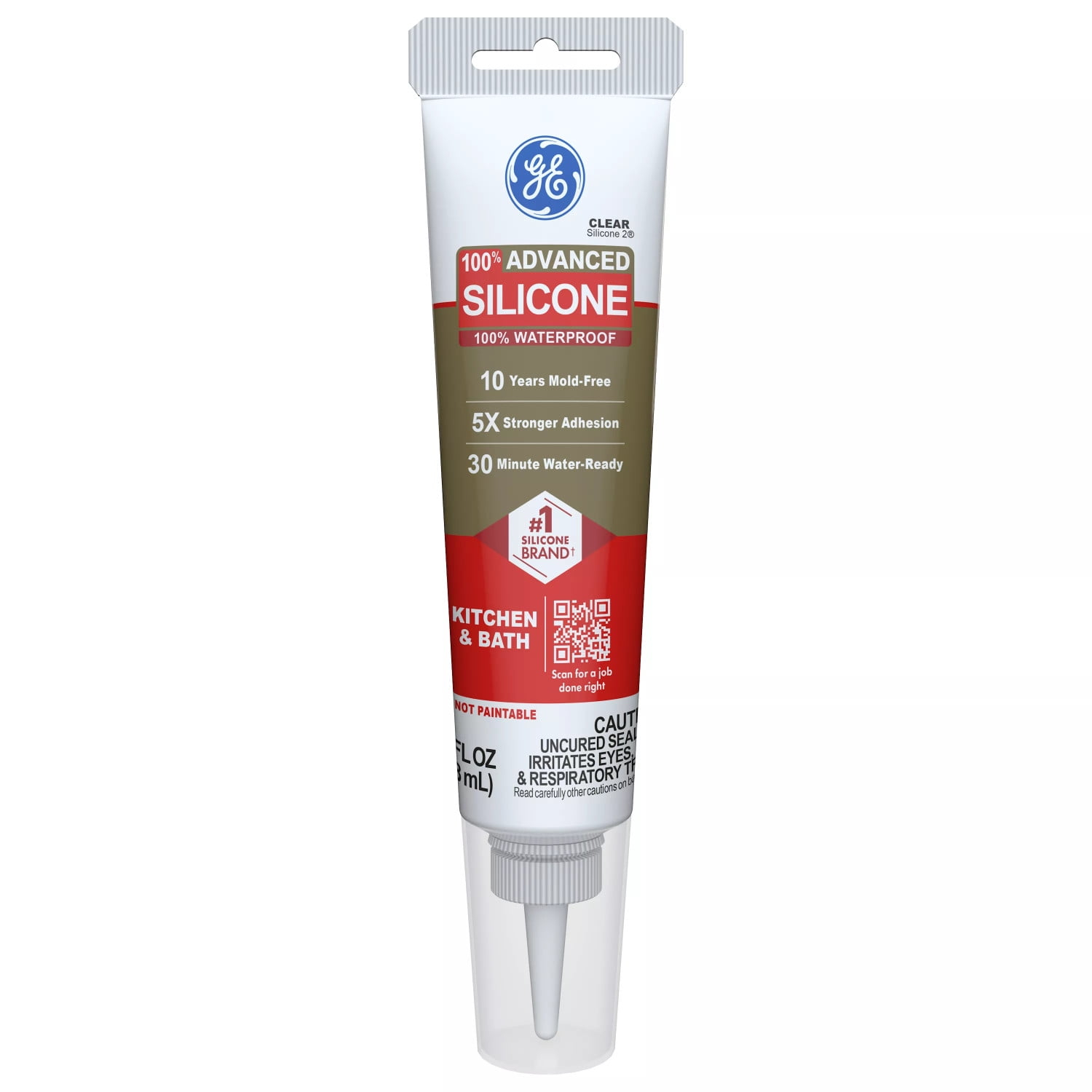GE Advanced Silicone Kitchen & Bath Sealant, Pack of 1, Clear 2.8 fl oz Tube