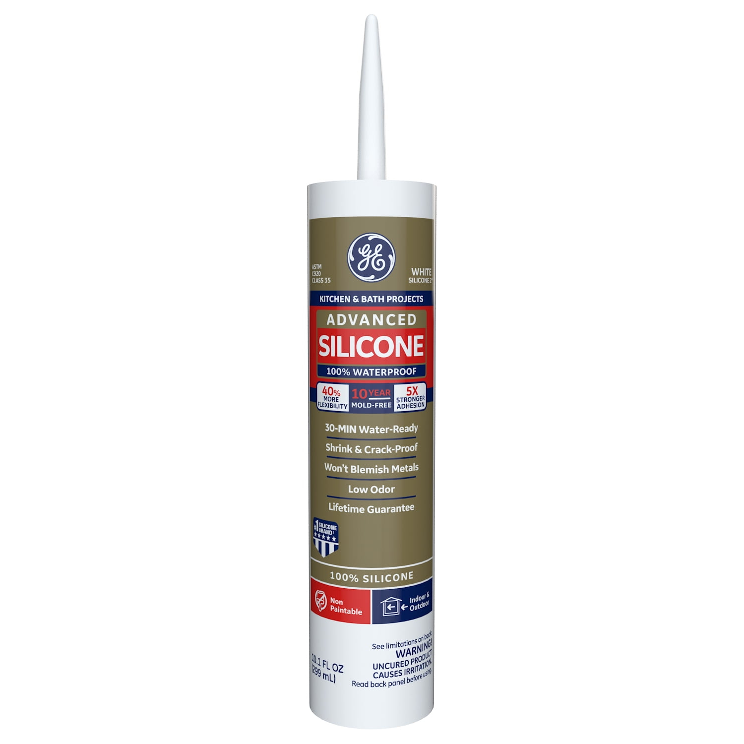 GE Advanced Silicone Kitchen & Bath Sealant, Pack of 1, White 10.1 fl oz Cartridge