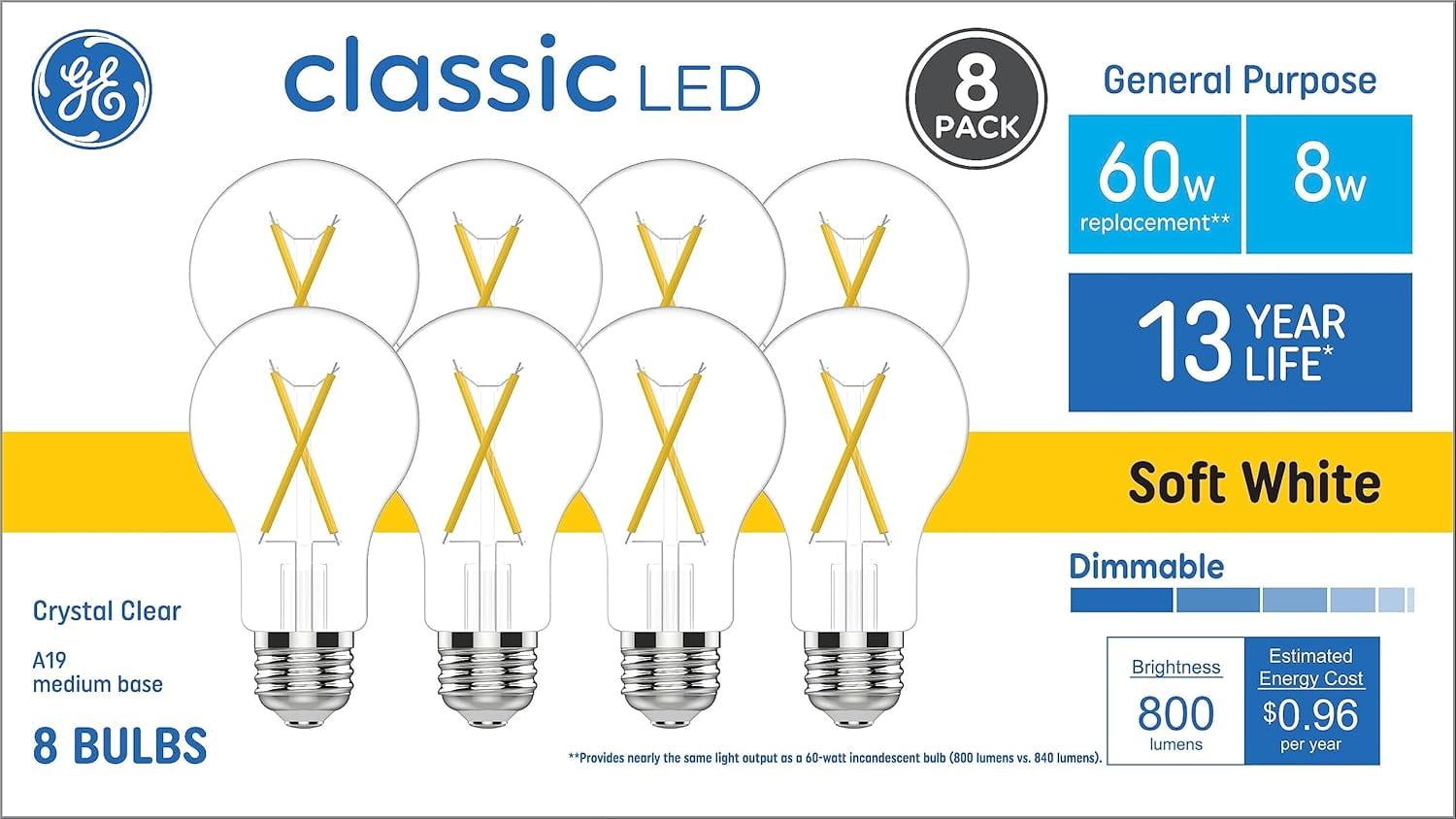 GE CLASSIC LED BULB 8 BULBS