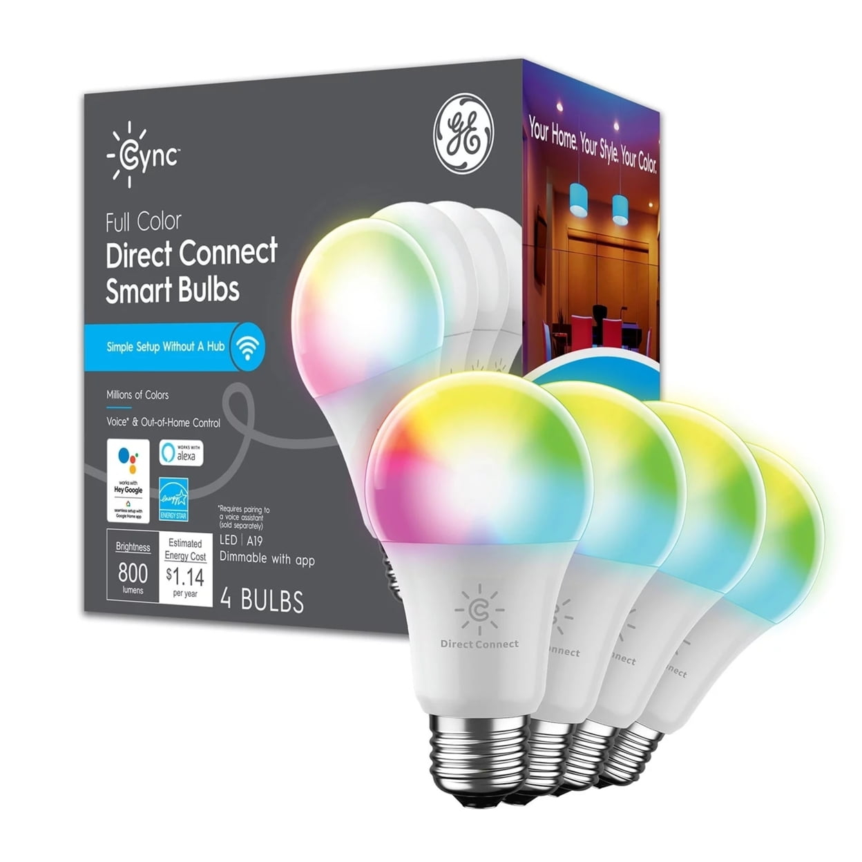 GE Cync LED 9W (60W Replacement) Smart Home Full Color A19 Smart Bulbs (4 Ct)