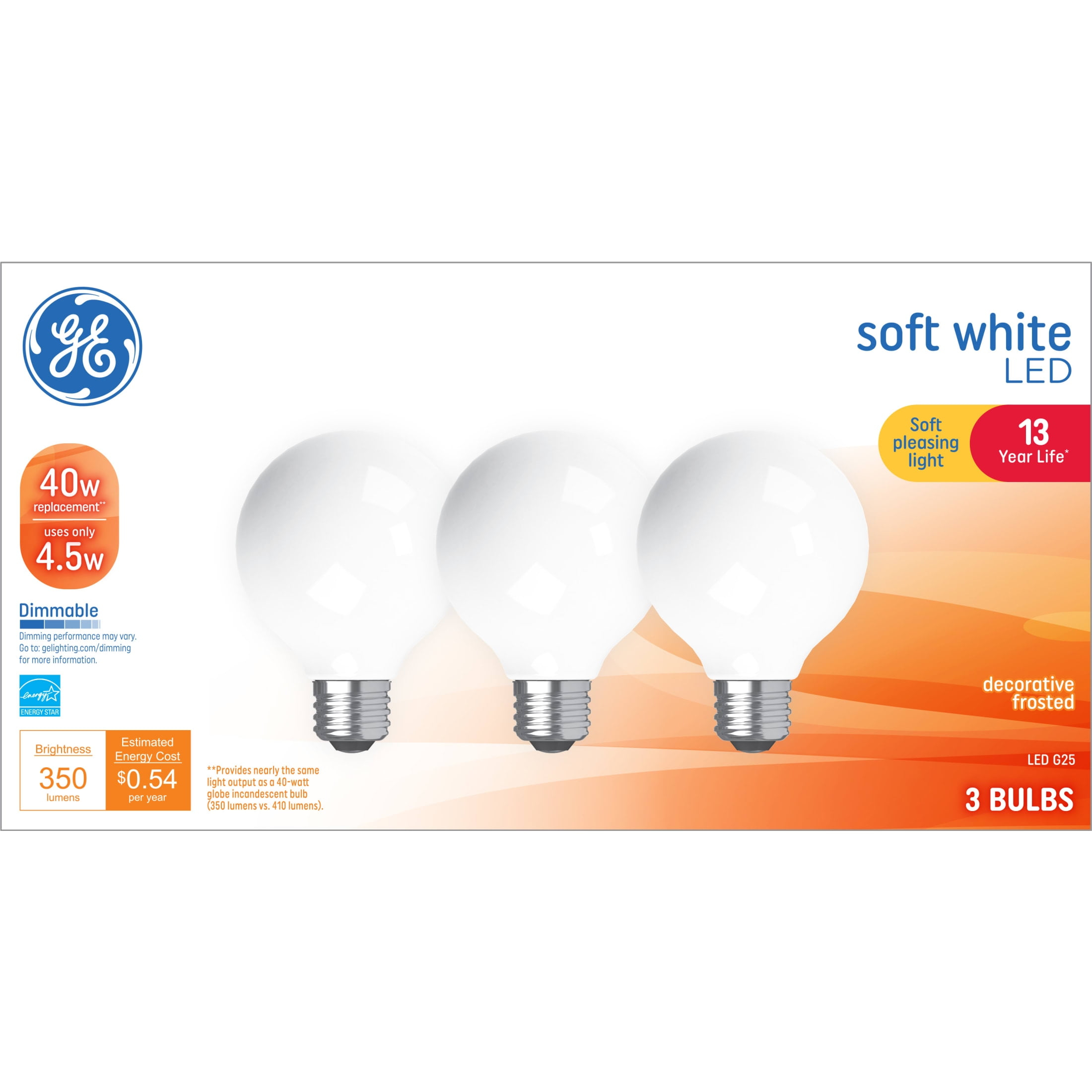 GE LED Light Bulbs, 40 Watts, Soft White, G25 Globe Bulbs, Medium Base, 13yr, 3pk