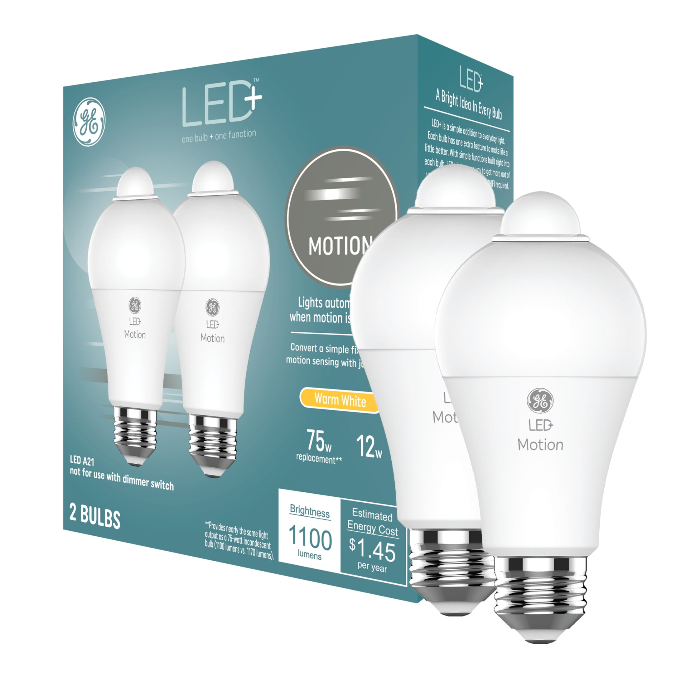 GE LED+ Motion LED Light Bulb, Warm White, 75 Watt, A21 Bulbs, Medium Base, 2pk