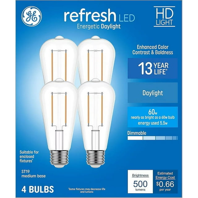 GE Refresh HD 60-Watt EQ ST19 Daylight Medium Base (e-26) Dimmable LED Decorative Light Bulb (4-Pack) Item #4977789 Model #9313022