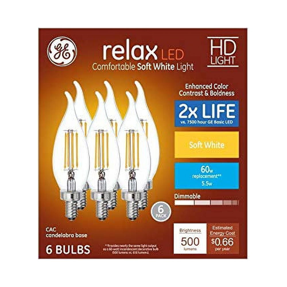 GE Relax Paquete de 6 Bombillas LED Decorativas de 60 Vatios Equivalentes, Regulables, Suaves, Blancas, CA12, Bombillas LED, Candelabro Decorativo Antiguo