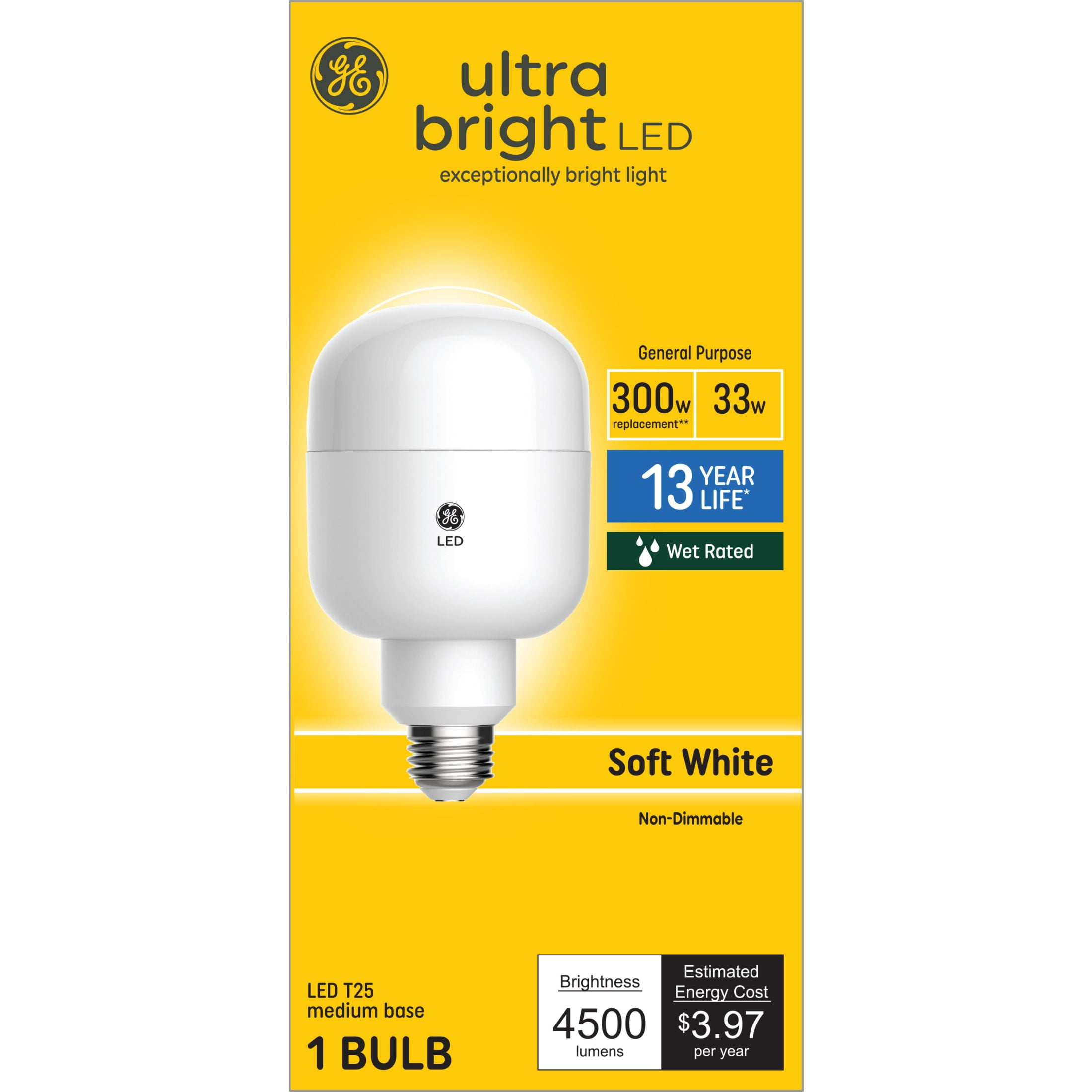 GE Ultra Bright LED Light Bulbs, 300 Watt, Soft White, T25 Bulb, Medium Base