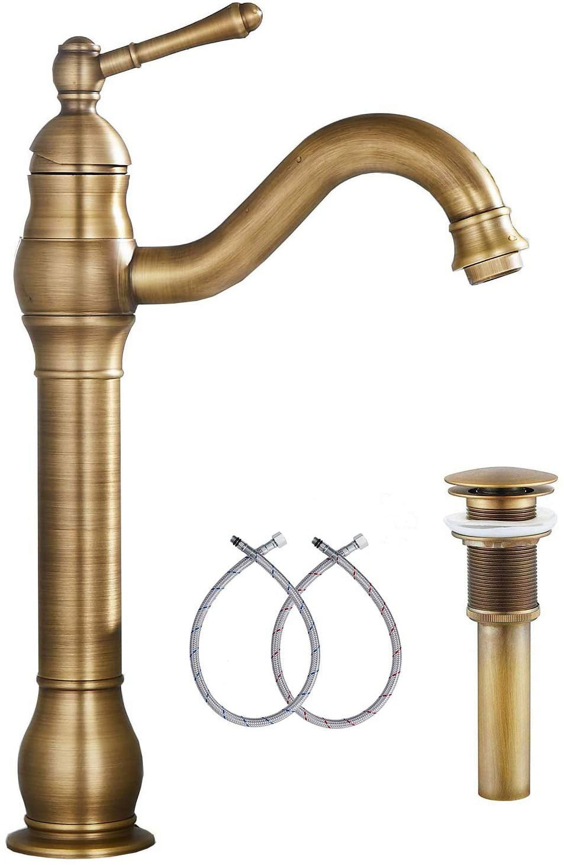 GGStudy 360° Swivel Antique Brass Bathroom Vessel Sink Faucet Single Handle One Hole Matching with Pop Up Drain