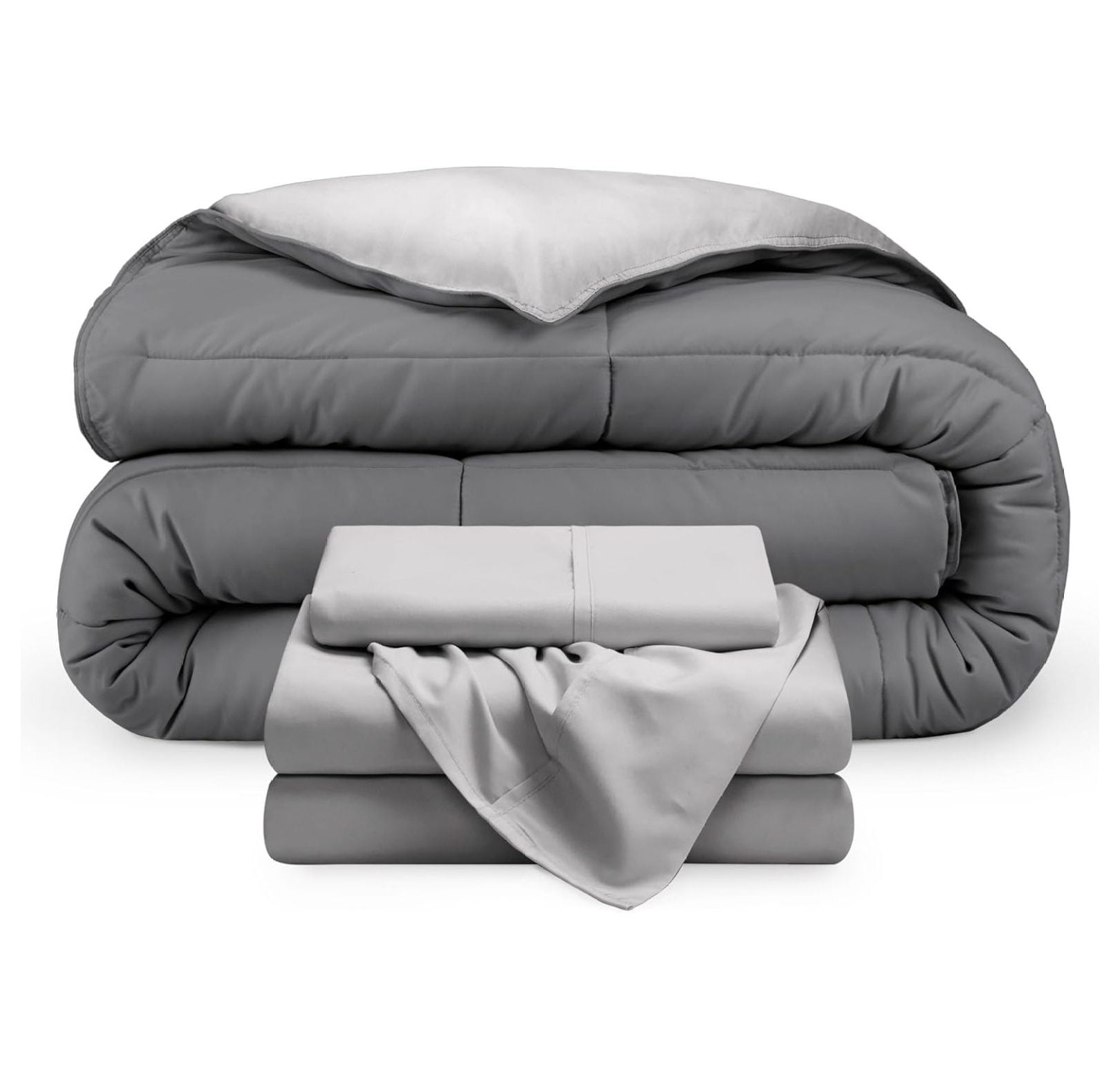 Bare Home 4-Piece Reversible Bed-in-a-Bag - Premium 1800 Collection - Twin XL, Light Gray/Gray Comforter with Light Gray Sheet Set
