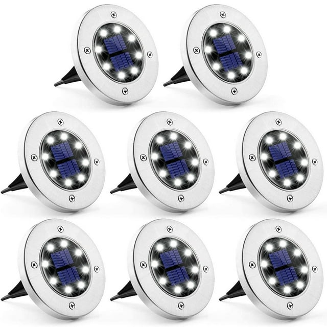 GIGALUMI Solar Ground Lights 8 Pack, 8 LED Solar Powered Disk Lights Outdoor Waterproof Garden Landscape Lighting for Yard Deck Lawn Patio Pathway Walkway (White)