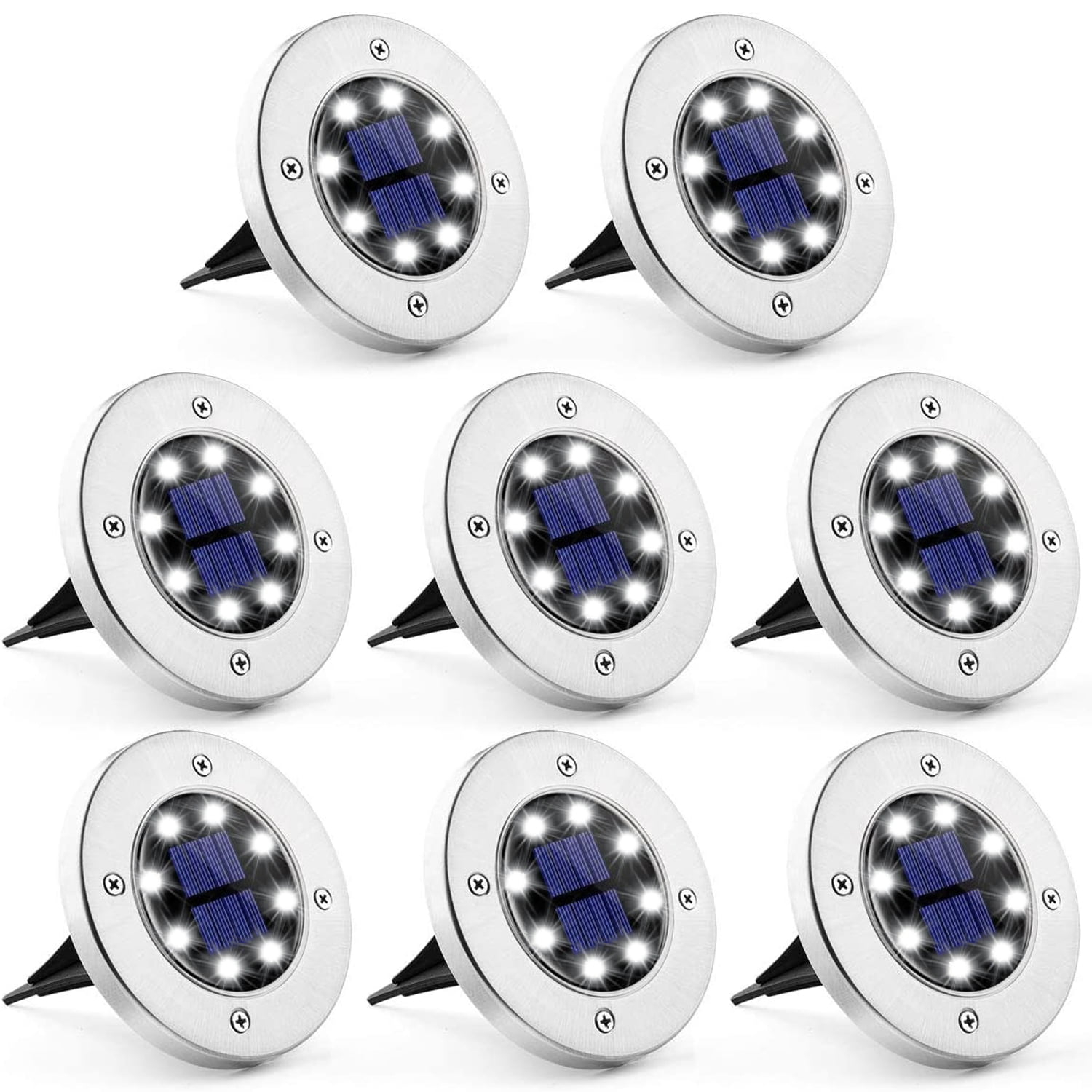 GIGALUMI Solar Ground Lights 8 Pack, 8 LED Solar Powered Disk Lights Outdoor Waterproof Garden Landscape Lighting for Yard Deck Lawn Patio Pathway Walkway (White)