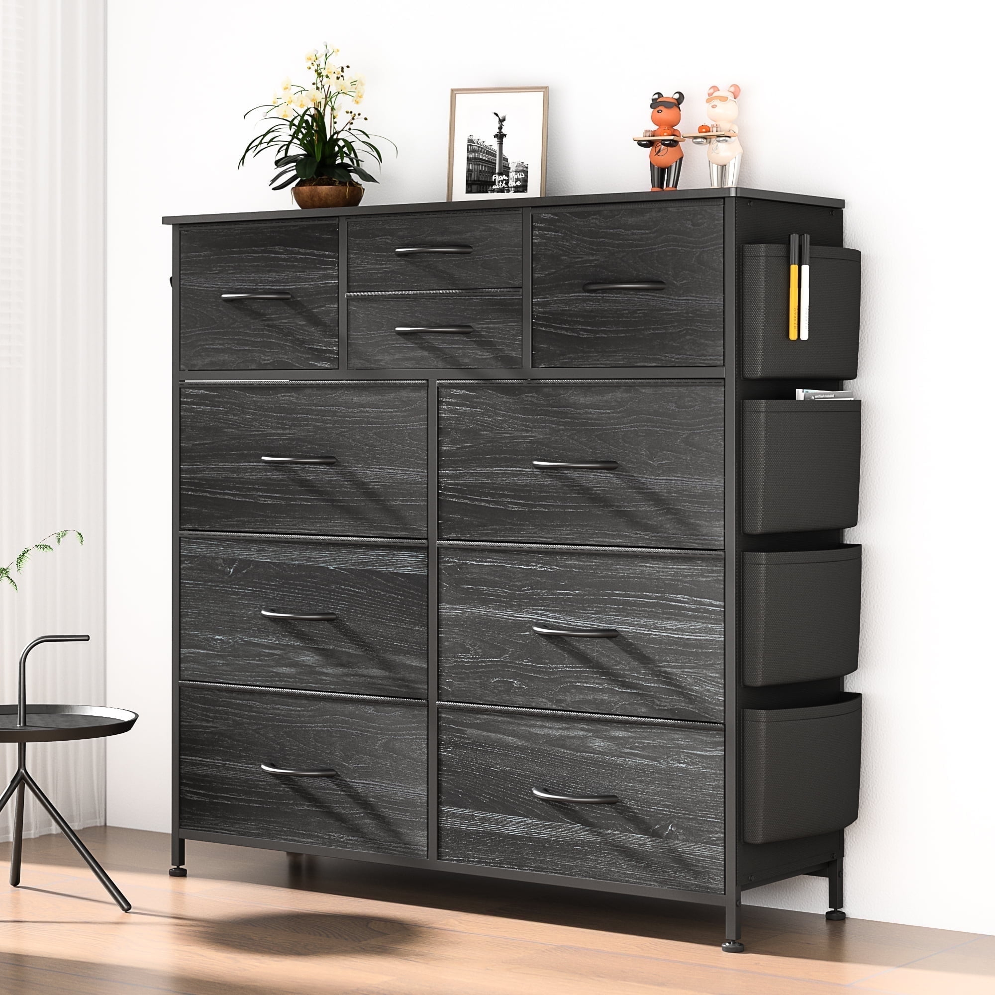 GIKPAL 10 Drawer Dresser, Chest of Drawers for Bedroom with Side Pockets and Hooks, Black