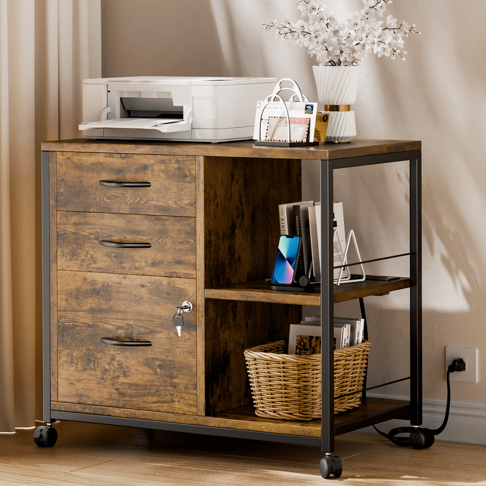 GIKPAL 3 Drawers File Cabinet with Printer Stand and USB Charging Ports, Wood Filing Cabinet with Locking for A4/Letter Size, for Home Office, Brown