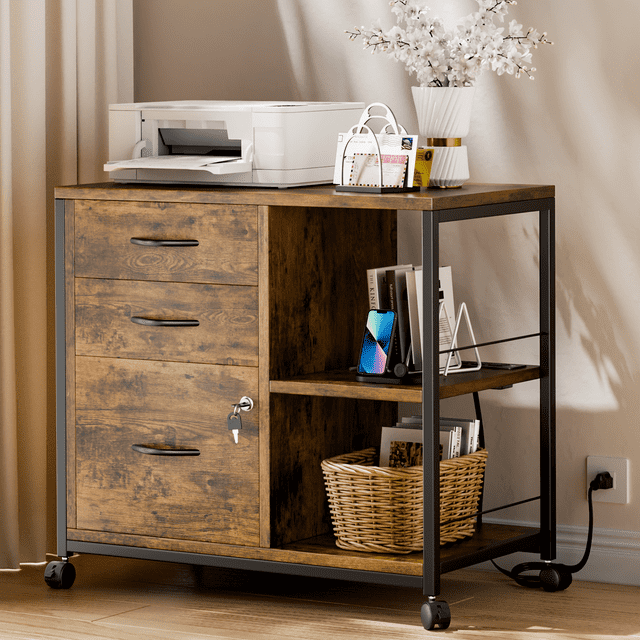 GIKPAL 3 Drawers File Cabinet with Printer Stand and USB Charging Ports, Wood Filing Cabinet with Locking for A4/Letter Size, for Home Office, Brown